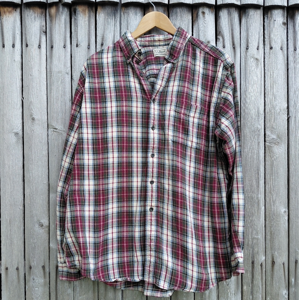LL Bean USA made cotton red green blue button down plaid shirt Mens L regular